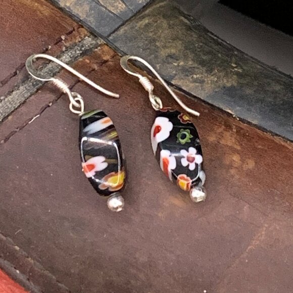 Sterling Silver Black Murano Glass Millefiori Drop Earrings J526 - Picture 5 of 5